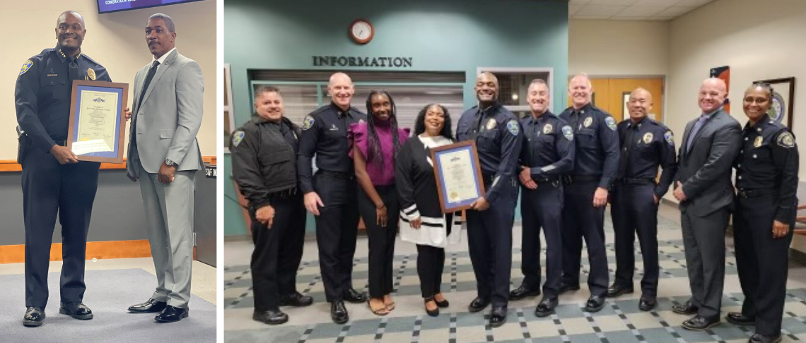 Police Chief Sean Washington standing with POST Executive Certificate. Chief standing with family, FPD personnel, and City officials