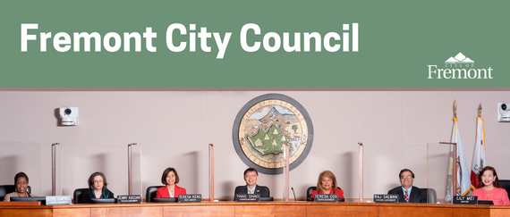 members of the Fremont City Council sitting at the dais in the Council Chambers