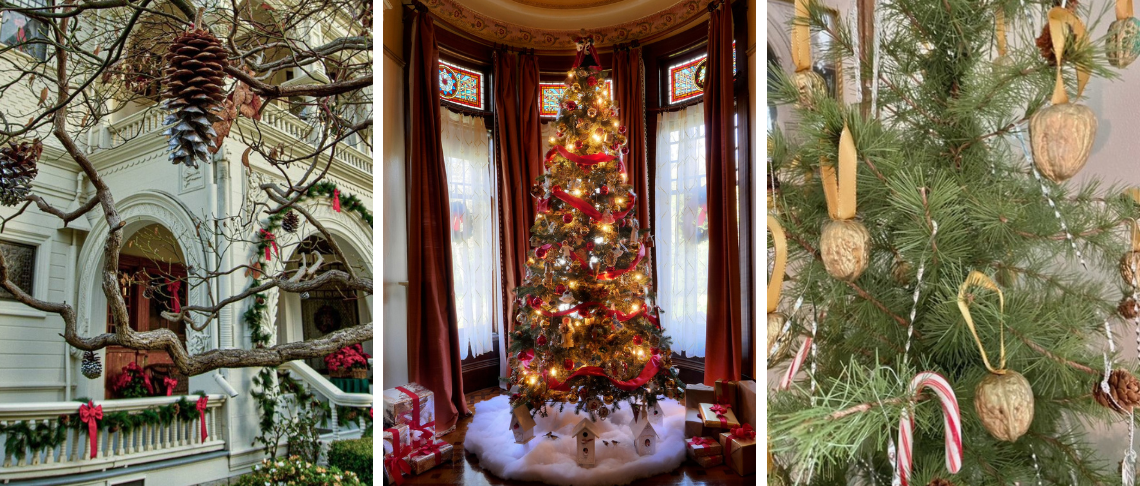 Patterson House exterior and interior, complete with pinecones and Christmas trees with ornaments