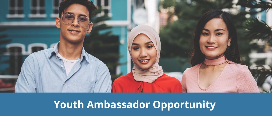three youth standing in front of home. In text: Youth Ambassador Opportunity