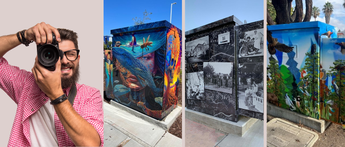 person taking photo and utility boxes painted as part of boxART program