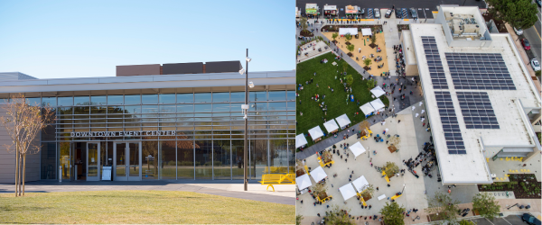 exterior of Downtown Event Center and aerial shot of the plaza area with lawn and pathways