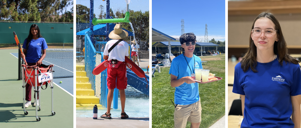 City employees serving in the role of a tennis instructor, lifeguard, concession stand worker, and activity monitor.