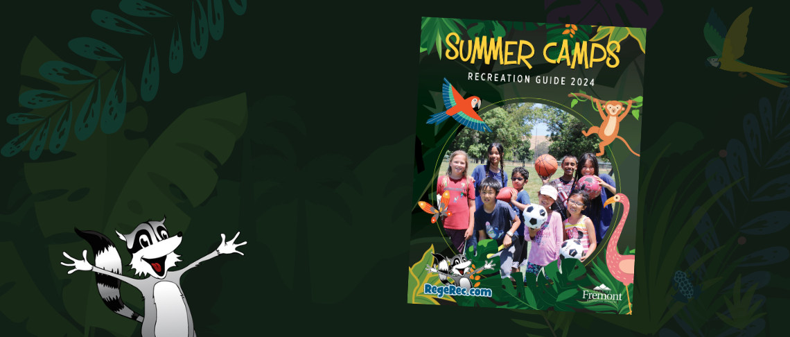 cover of the Summer Recreation Guide 2024 with group photo of kids attending various camps. Cover also includes jungle animals and Regerec racoon.