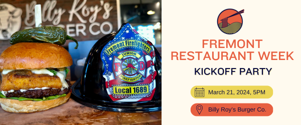hamburger and firefighter helmet. Fremont Restaurant Week Kickoff Party. 