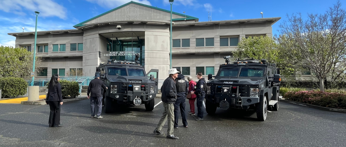 Military equipment on display at the Fremont Police Department