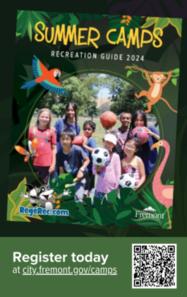 cover of recreation brochure for summer camps.  In text: Register today at city.fremont.gov/camps