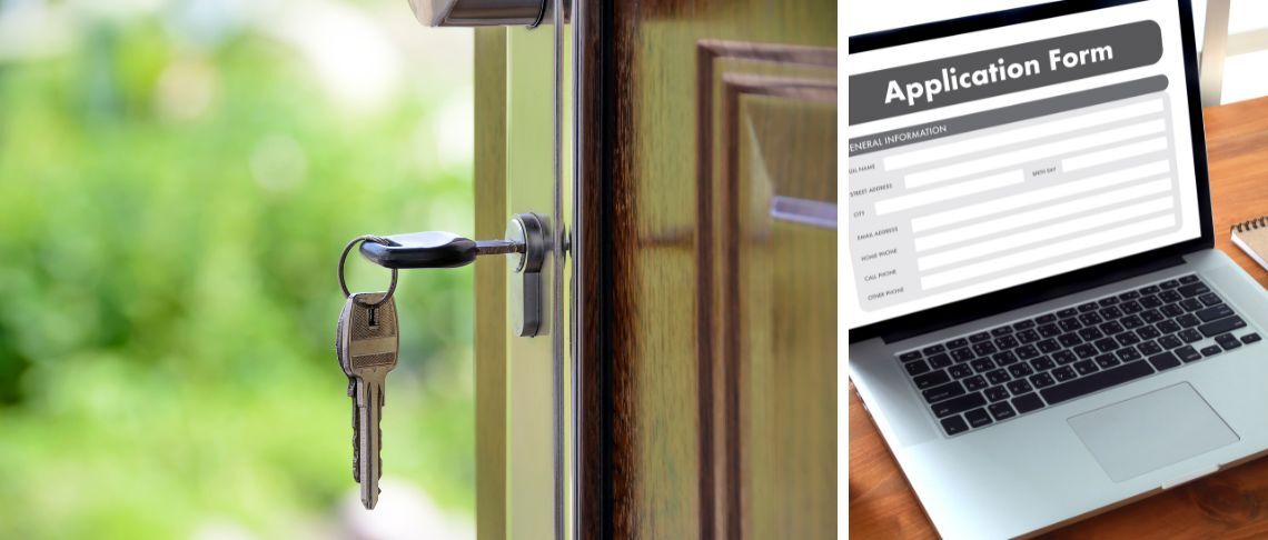 key opening door and a laptop with an application form on screen