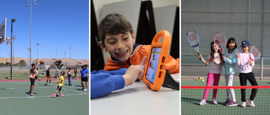  kids at spring break camp playing basketball, tennis, and on a computer game