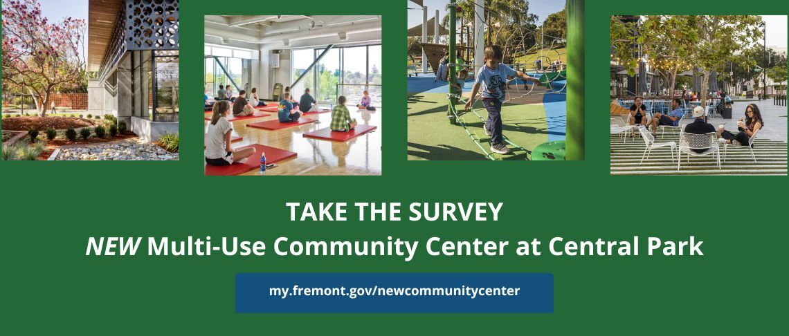 interior and exterior of community centers. In text: Take the Survey, New Multi-Use Community Center at Central Park
