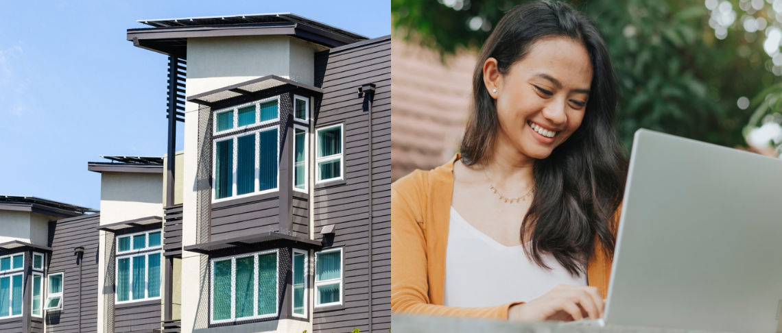 apartments and woman looking at laptop