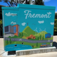 art on traffic signal utility box depicting a sustainable Fremont