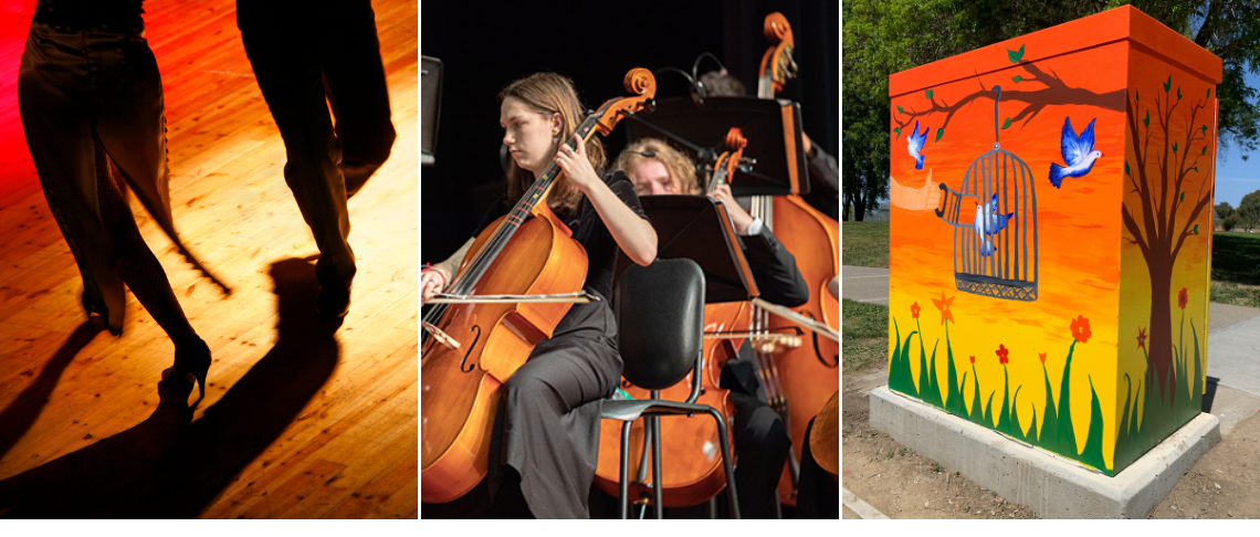 people playing instruments, dancing, boxart on traffic signal utility box