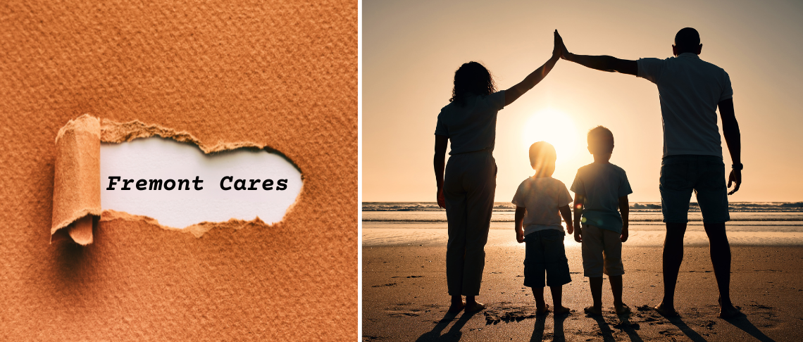 Fremont Cares in text with parents and kids on the beach 