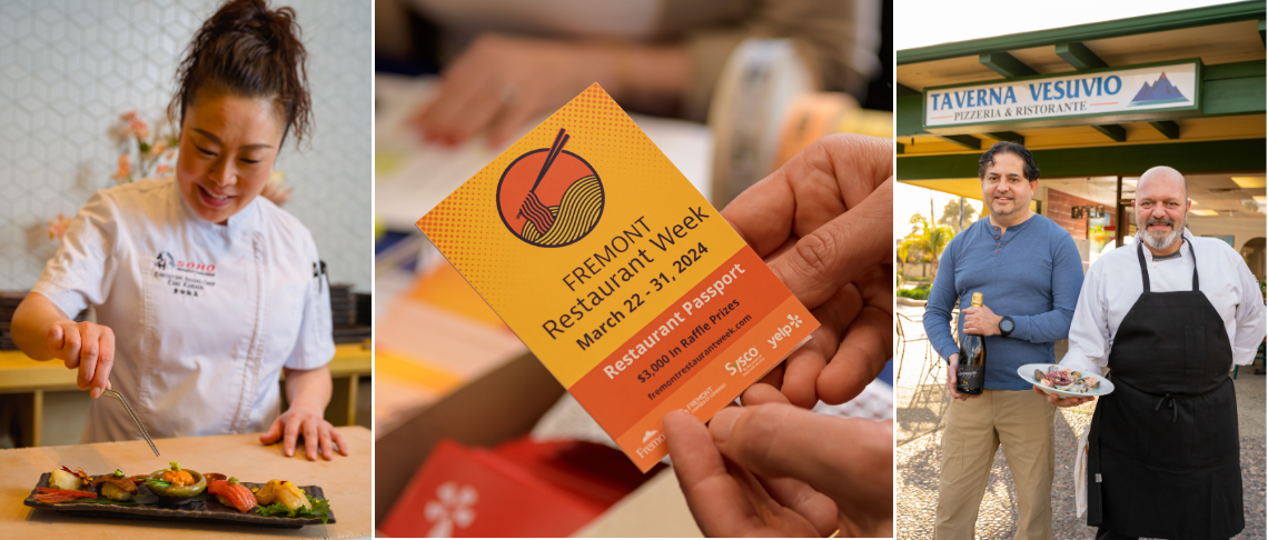 chef assembling sushi rolls, Restaurant Week passport, and restaurant staff holding plate of food and wine bottle