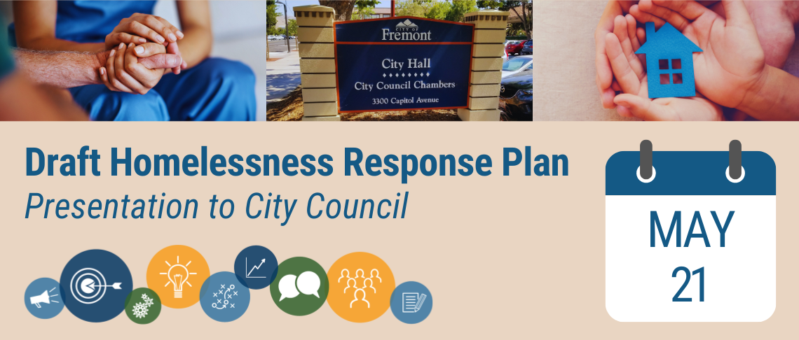 Draft Homeless Response Plan Presentation to Council on May 21 with hands grasped, City Hall sign, and home in hands