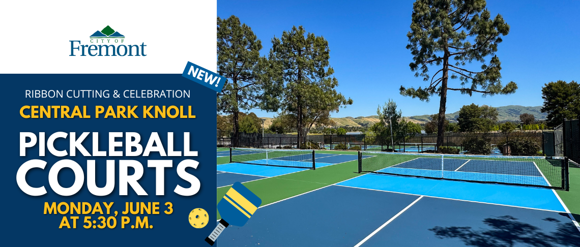 pickleball courts, paddle, and ball. In text: Ribbon cutting and celebration of Central Park Knoll Pickleball Courts, Monday, June 3 at 5:30pm
