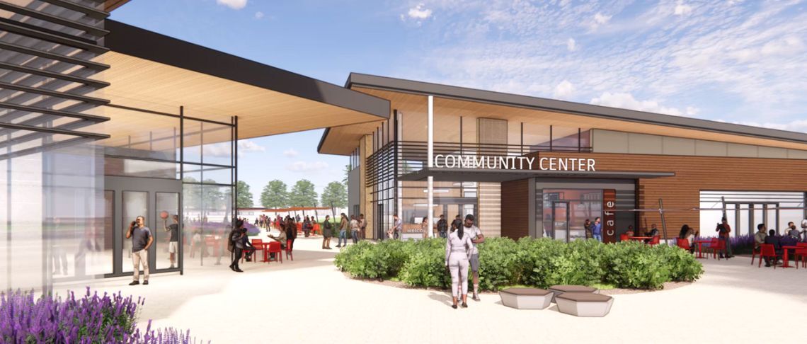 exterior of new community center at Central Park with people walking around 