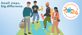 people standing on earth with reusable water bottles and plastic tote. Plastic Free July, In text: Small steps, big difference.