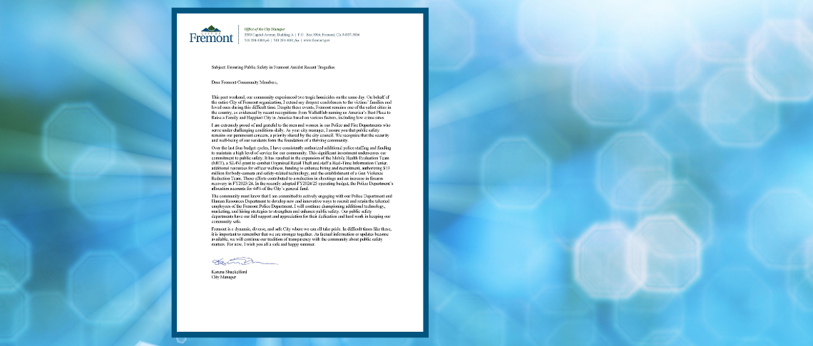 letter from Fremont city manager about ensuring public safety in Fremont amidst recent tragedies