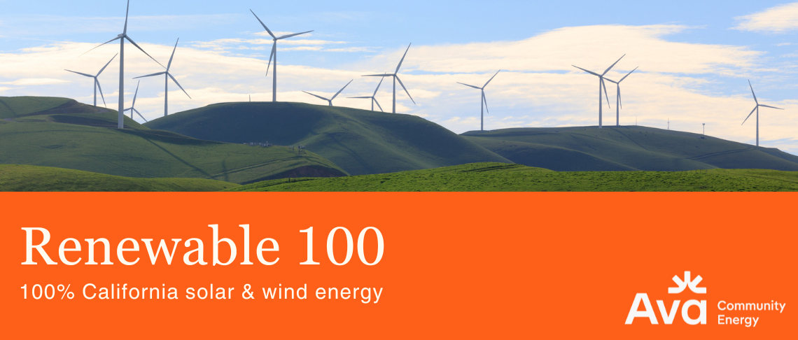 wind turbines on hillside. In text: Renewable 100: 100% California solar & wind energy
