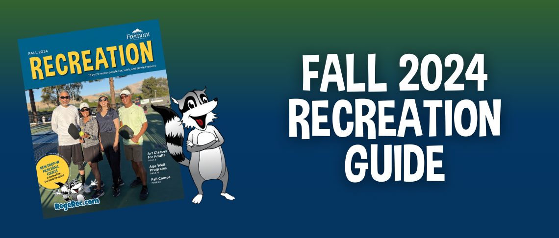 cover of Fall Recreation 2024 guide with pickleball players along with Reg-e-Rec racoon