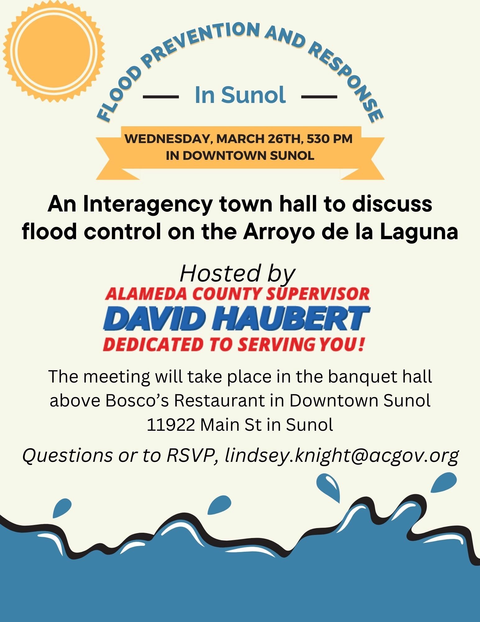 Event Flyer for Flood Prevention and Response in Sunol on March 26