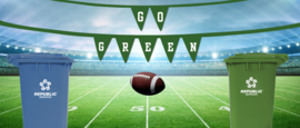 Football Field with "Go Green" Banner and Waste Bins