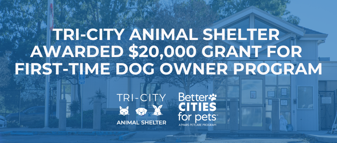 Tri-City Animal Shelter image in the background with center text announcing $20,000 grant award