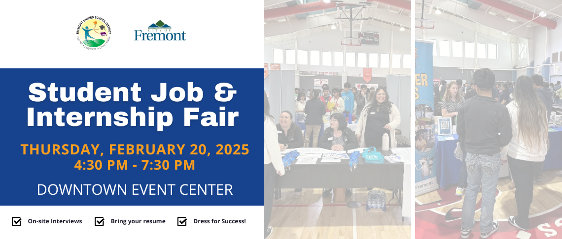 Students Approaching Tables in a Gym with Text Details for Student Job Fair on February 20