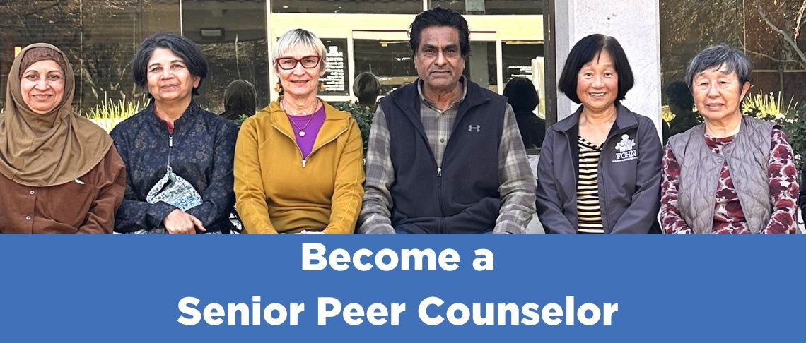 Row of People Sitting Down with "Become a Senior Peer Counselor" Text