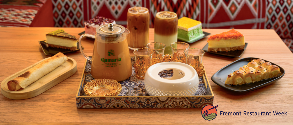 Flatlay of Qamaria Yemeni Coffee drinks and cakes for Fremont Restaurant Week