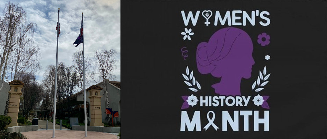 Women’s History Month flag with silhouette of female’s head hanging on flagpole at City Hall. Women’s History Month in text.