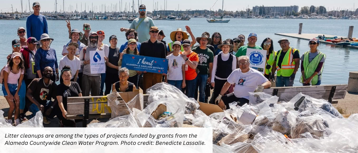 A large group of litter pickup volunteers smiling by a marina