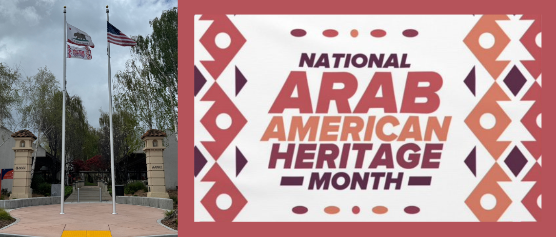 US flag, California flag, and Arab American Heritage Month Flag on flagpole at City Hall with blue sky