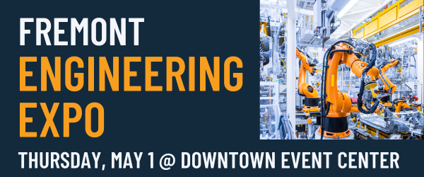 Yellow robotic arm with text that reads: Fremont Engineering Expo