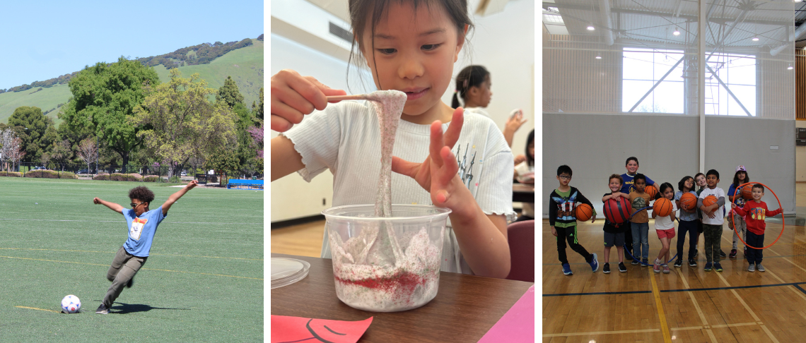 Kids playing soccer and basketball and a girl mixing food in a tub