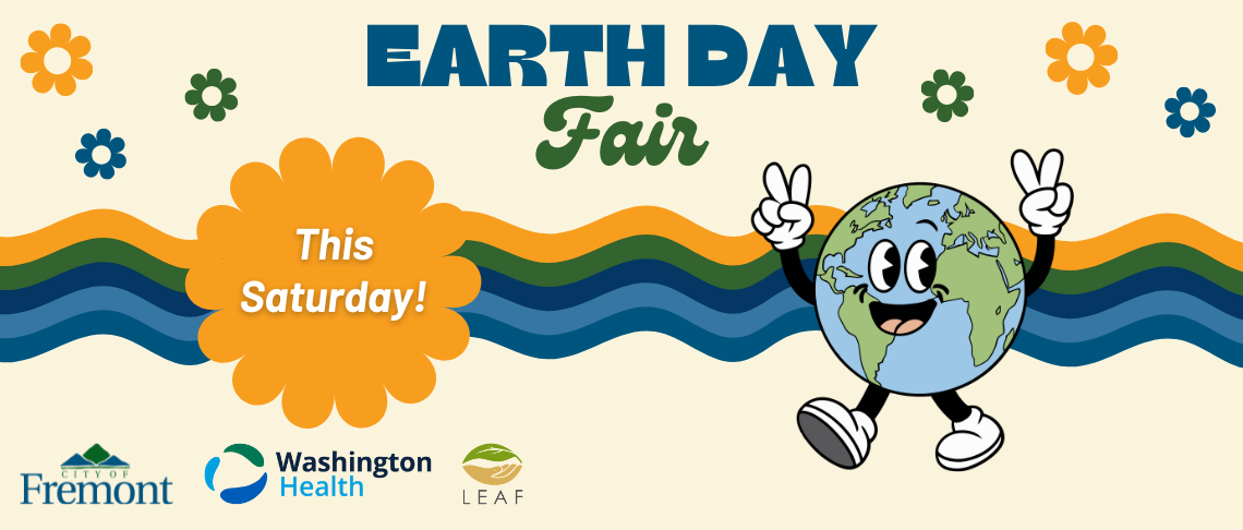 Cartoon globe with text that reads: Earth Day Fair This Saturday!
