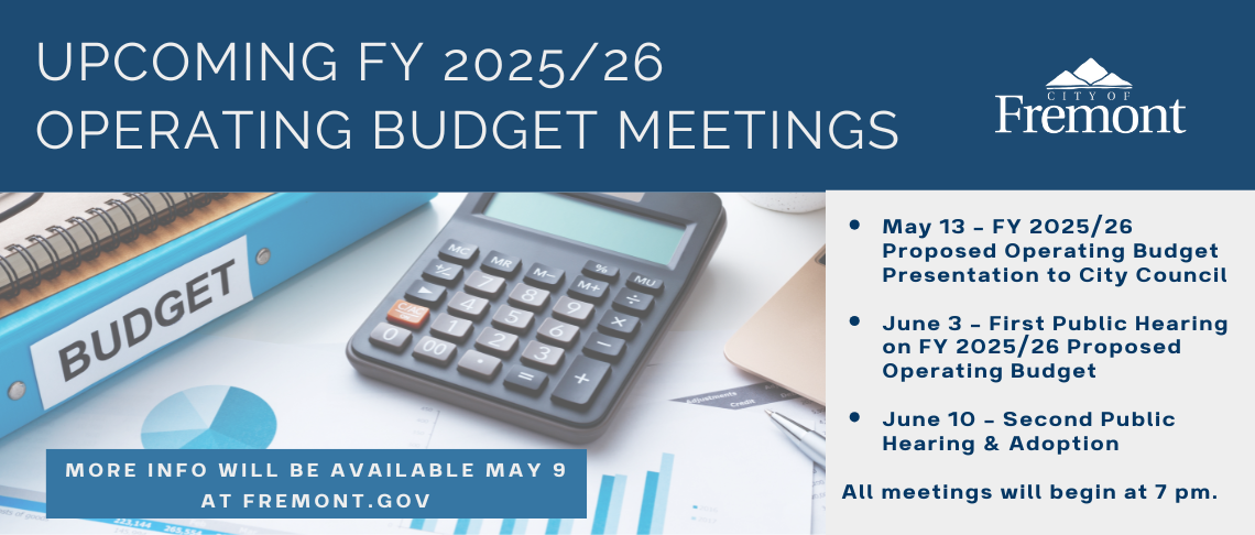 Upcoming FY 2025/2026 Operating Budget Meetings. Graphic of calculator and budget book.