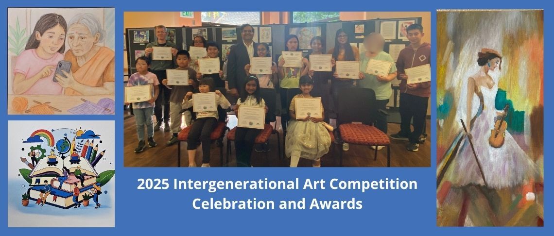 Photo of 2025 Intergenerational Art competition. Students who won took a photo.