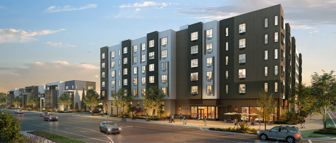 Grey and white colored mixed-use development rendering