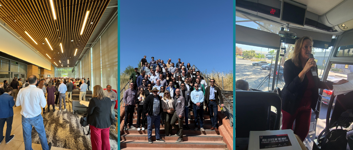 Collage of photos depicting bus tour guide, speaking to an audience, and group photo at VTA site in North San Jose