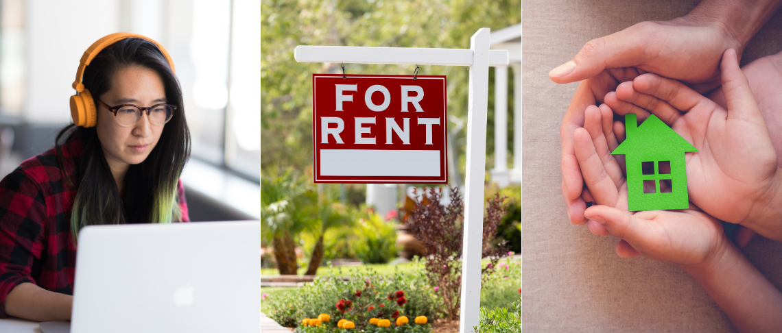 person with headphones listening to a webinar, for rent sign, and hands cradling a small house