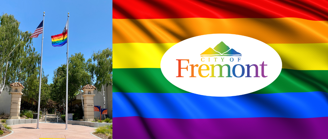 rainbow and LGBTQ+ Pride Month flag, U.S. Flag, and State of California flag on flagpoles at City Hall with rainbow and Pride Month 2025 text