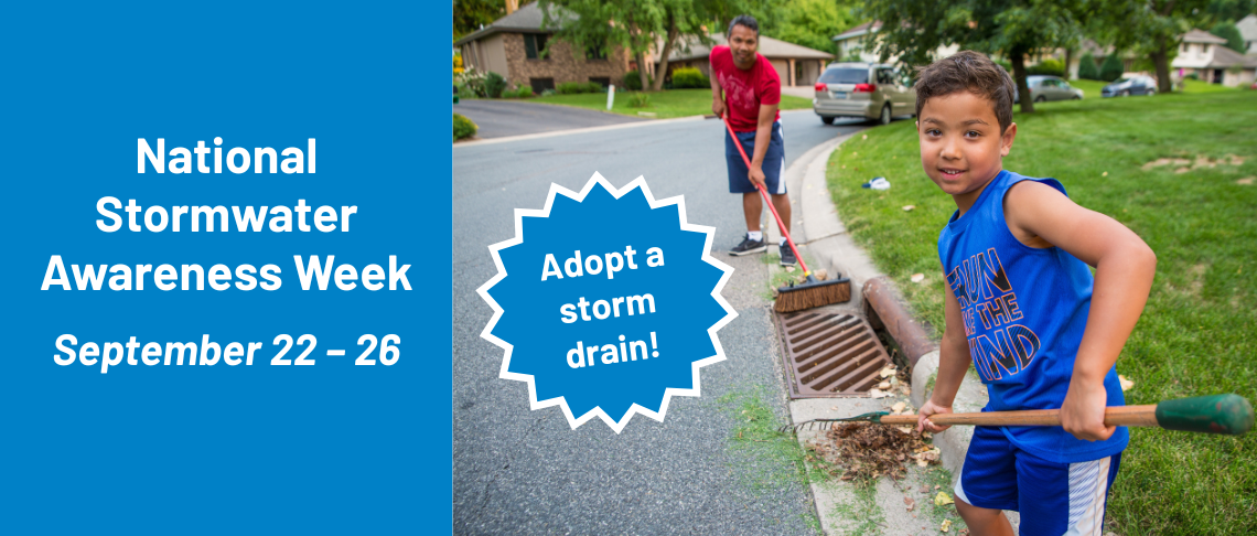 Storm Water Awareness, Photo of father & son cleaning drain