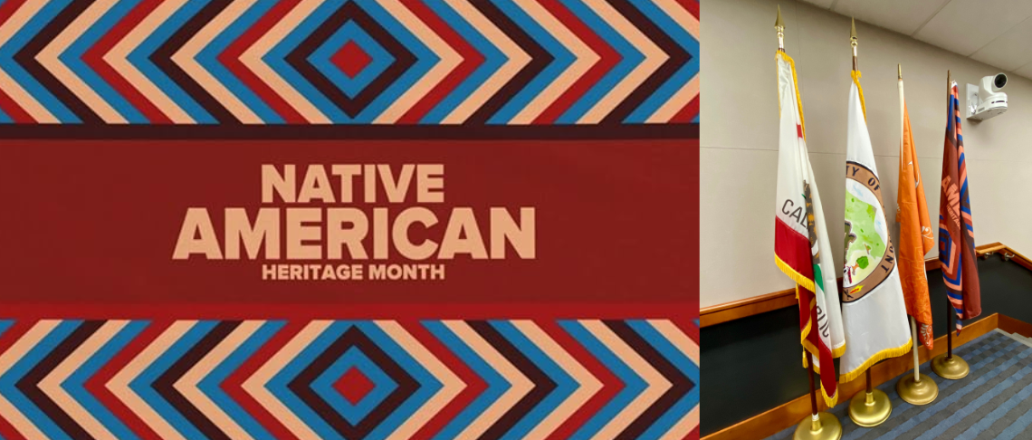 Native American Heritage Month flag beside flags, from left to right: California, City, Diwali, and Native American Heritage Month