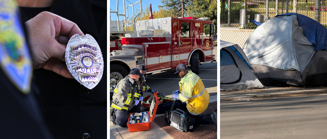 Collage of photos including police badge, fire fighters, and a makeshift tent.