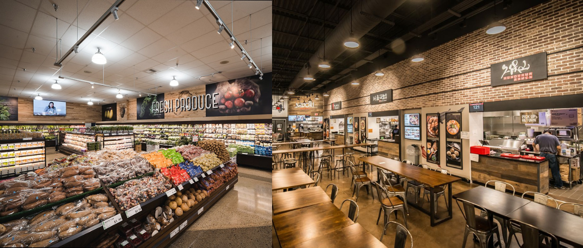 Produce aisle and food hall seating area