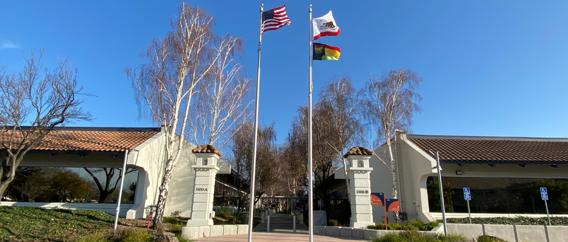 Black History Month Flag raised in front of Fremont City Hall