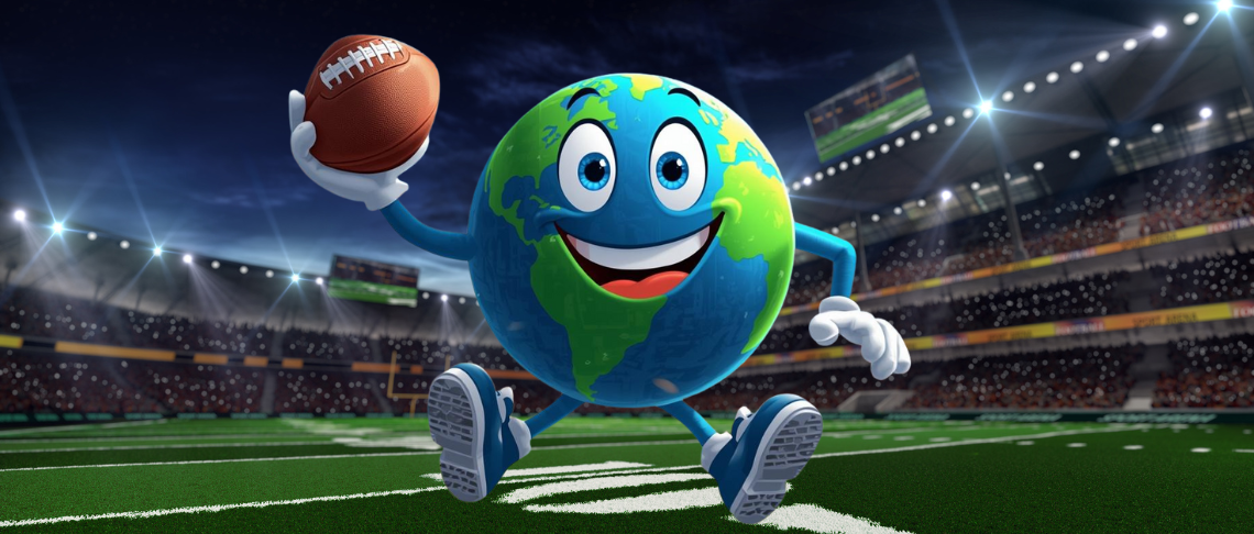 Animated and smiling Earth character holding a football inside a football stadium
